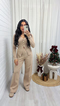 Gold Button Cardigan and Straight Trousers Co-Ord - BEIGE