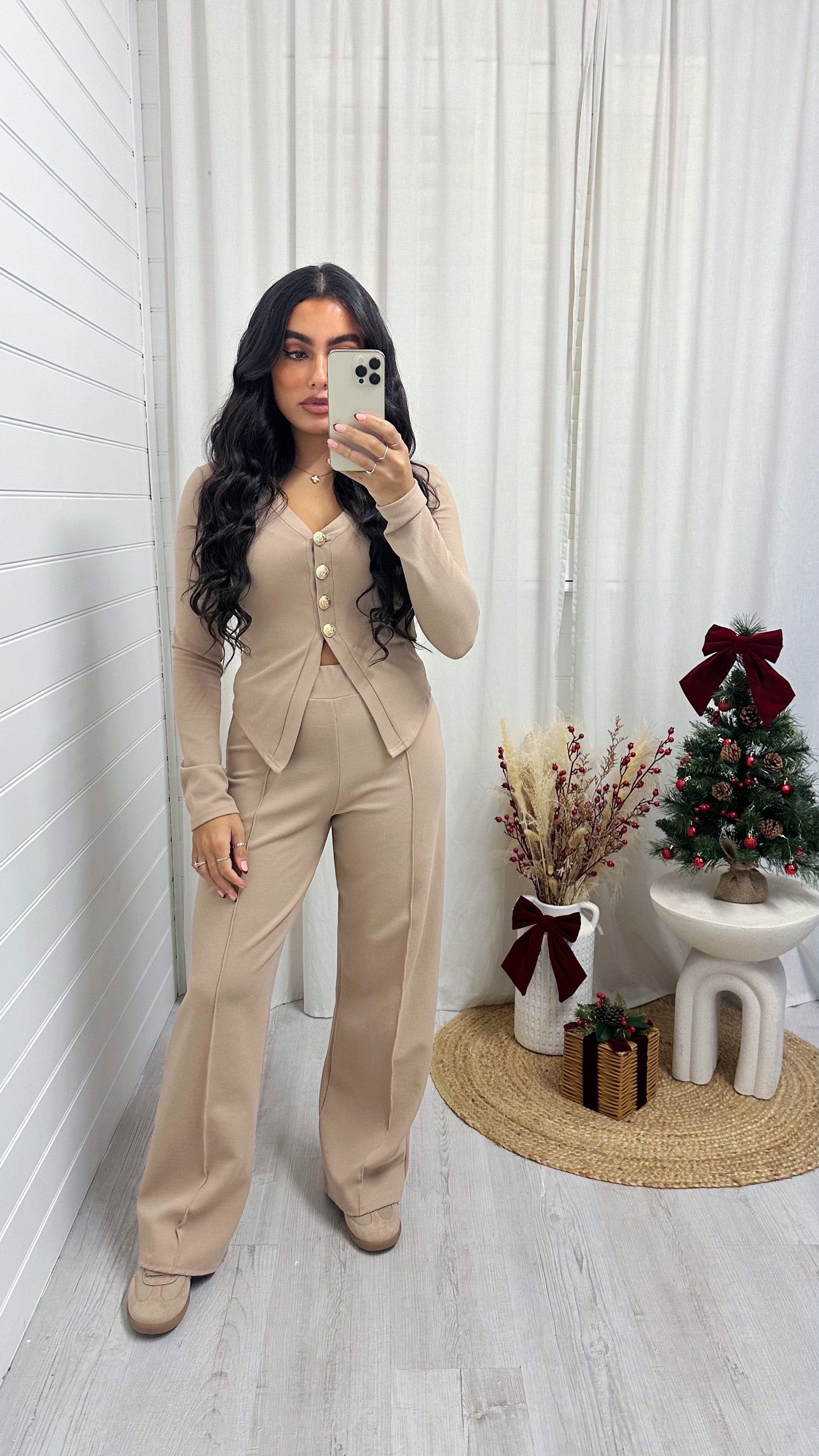 Gold Button Cardigan and Straight Trousers Co-Ord - BEIGE