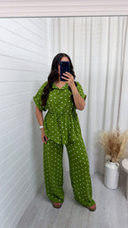 Polka Dot Cinched Shirt and Trousers Co-Ord - OLIVE GREEN