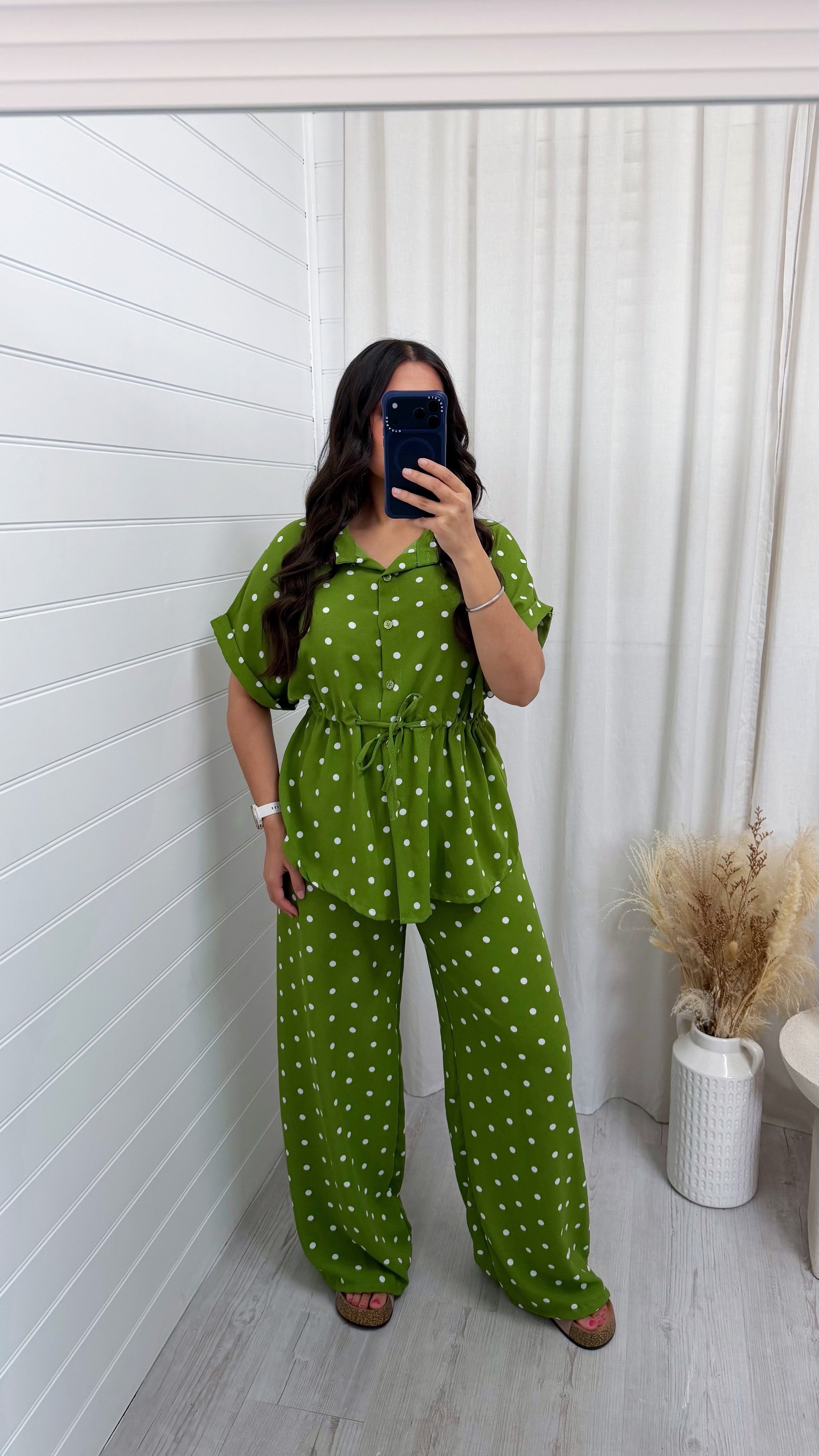 Polka Dot Cinched Shirt and Trousers Co-Ord - OLIVE GREEN