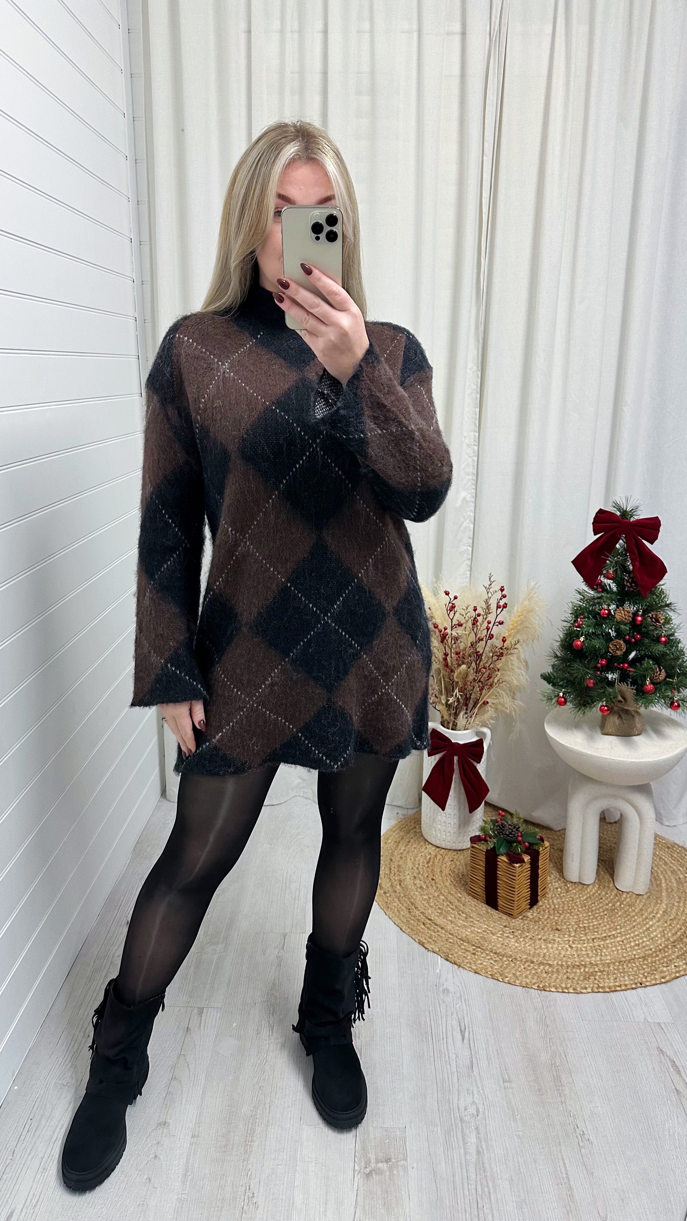 Argyle Woollen Jumper Dress - BLACK/BROWN