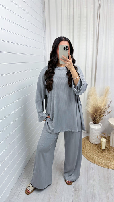 Long Sleeve Ribbed Top and Trousers Co-Ord - LIGHT GREY