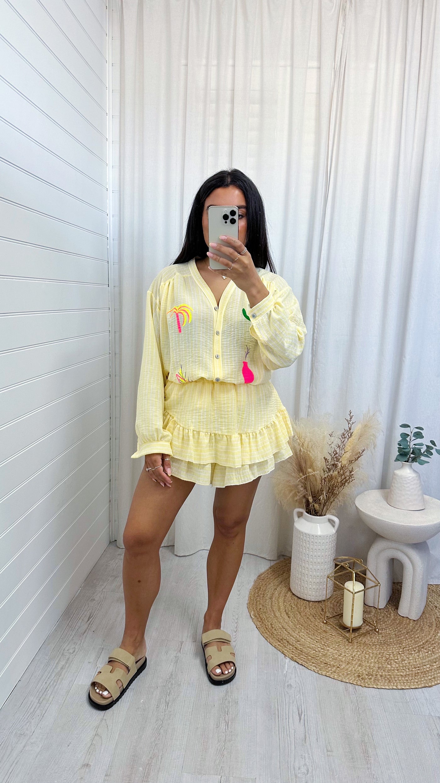 Neon Print Pinstripe Shirt and Frill Skort Co-Ord - LEMON