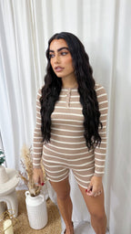 Ribbed Knit Stripey Top and Shorts Co-Ord - BEIGE