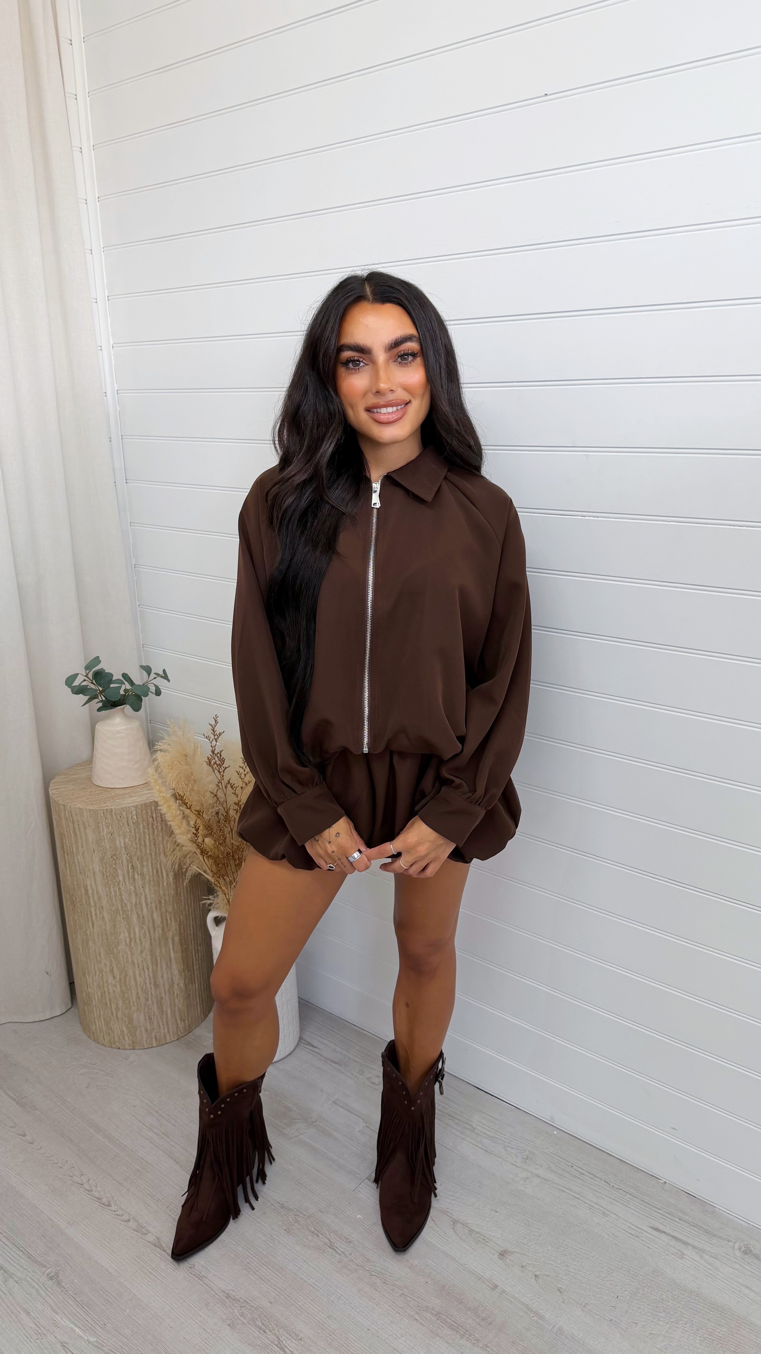 Puffball Jacket and Shorts Co-Ord - BROWN
