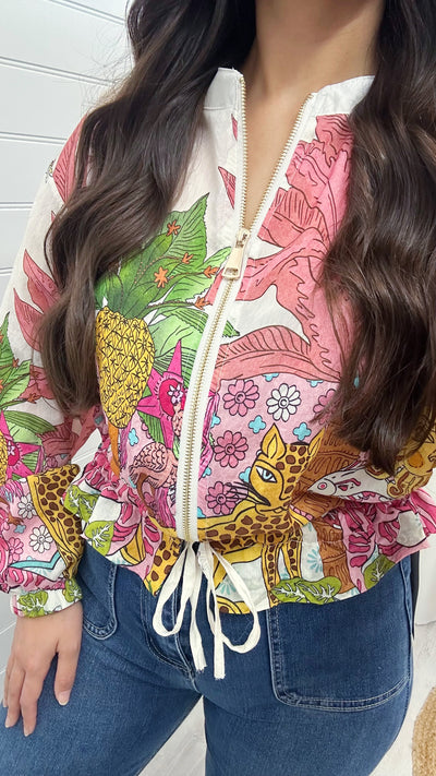 Floral Print Chiffon Bomber Jacket - PINK