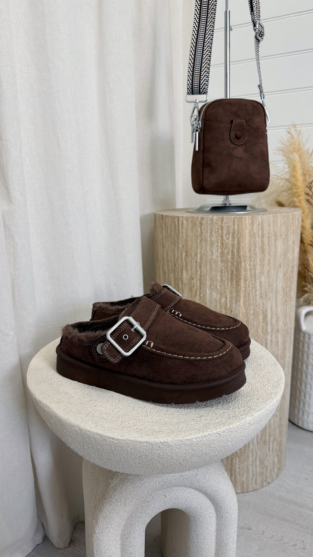 Buckle Strap Faux Fur Loafers - BROWN