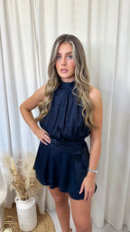 Chiffon High Neck Ruffle Hem Playsuit - NAVY