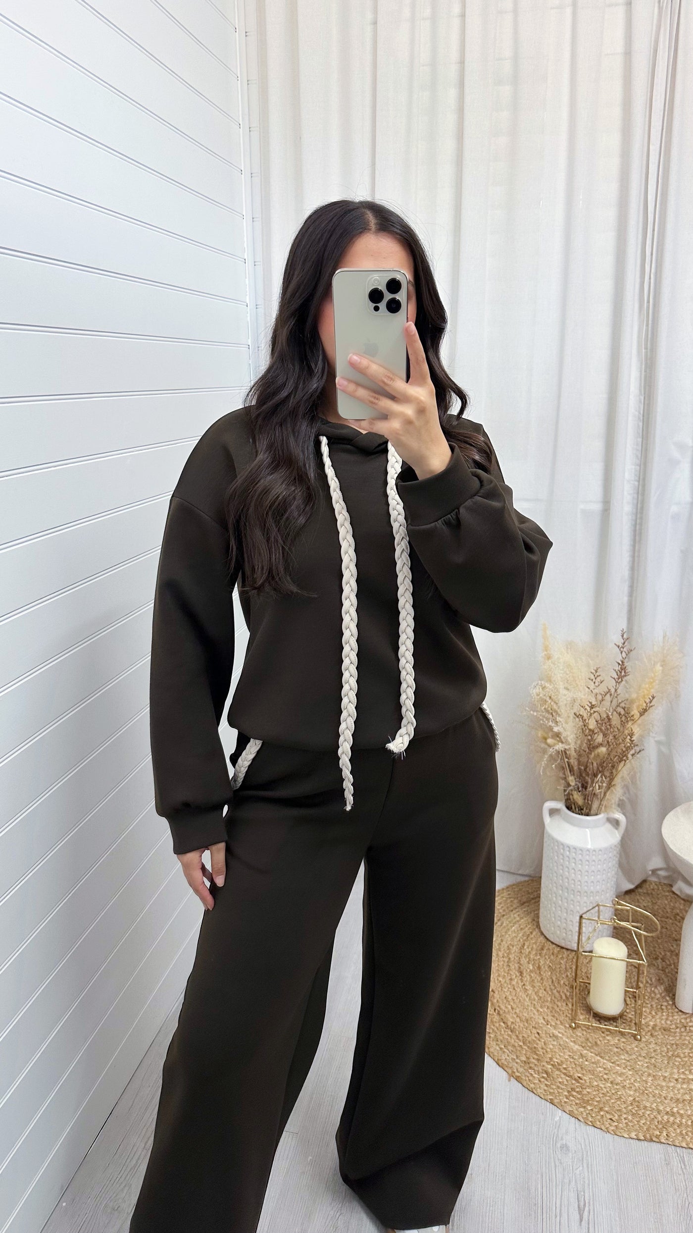 Rope Lace Hoodie and Wide Leg Joggers Co-Ord - BROWN