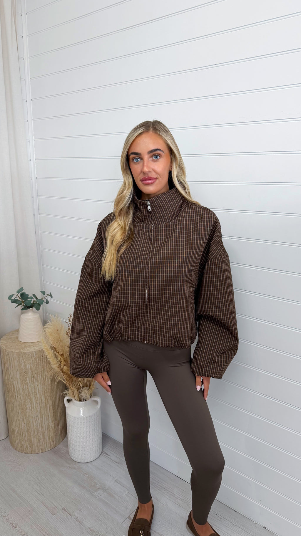 High Neck Check Bomber Jacket - BROWN