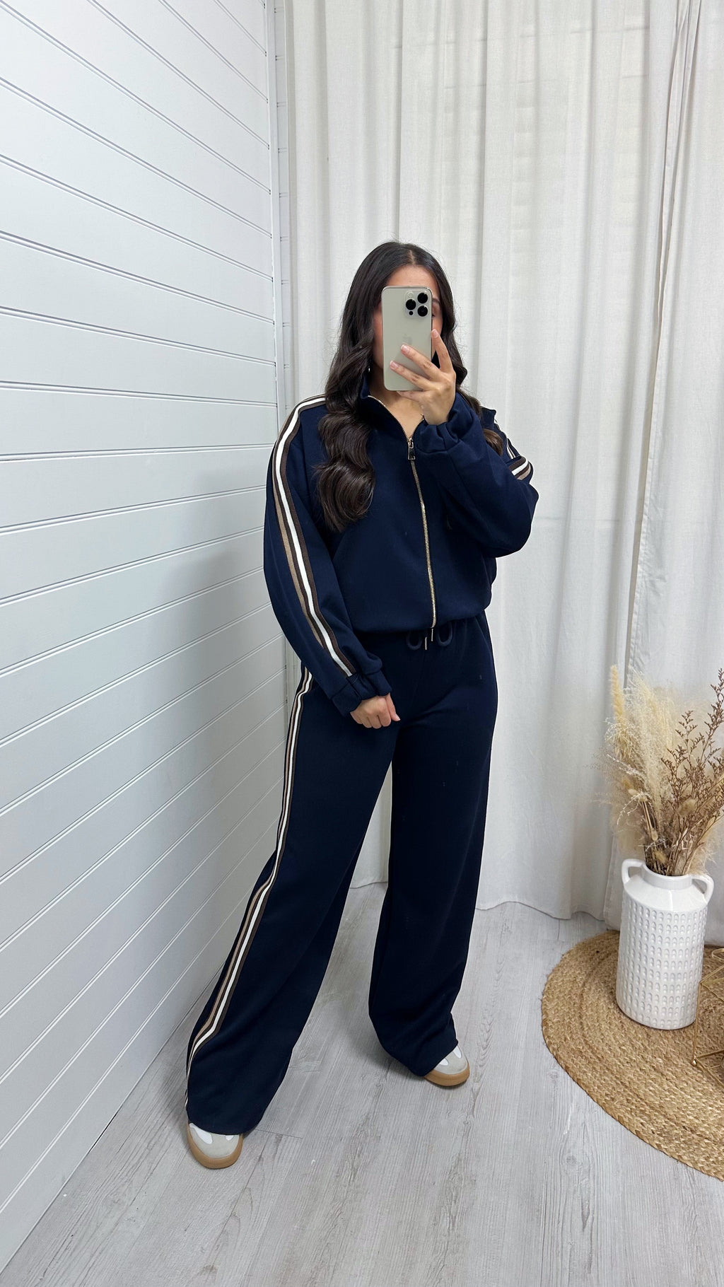 Side Stripe Bomber Jacket and Wide Leg Joggers Co-Ord - NAVY