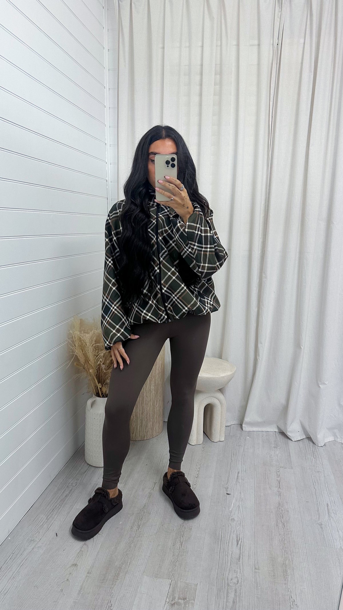 Large Check Print Bomber Jacket - KHAKI