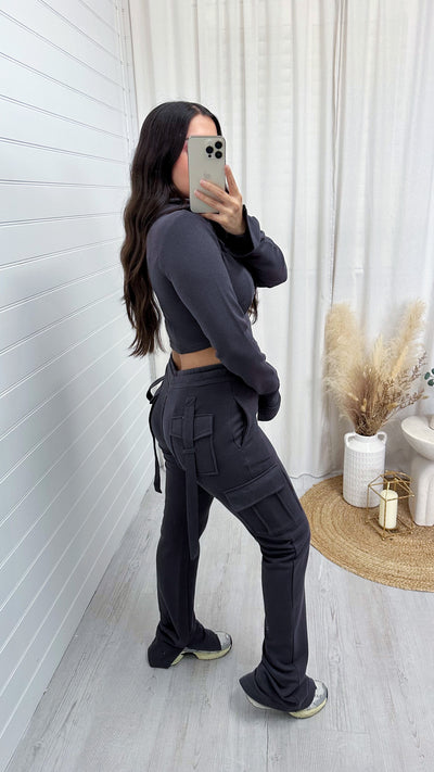 Cargo Cropped Jacket and Split Hem Joggers Tracksuit - SLATE GREY