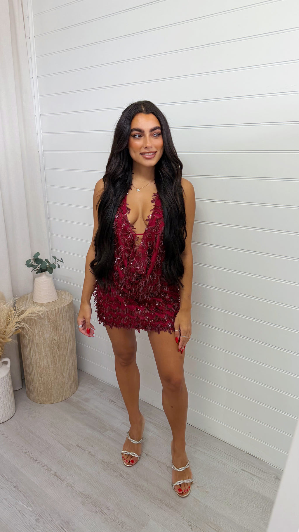 Cowl Neck Sequin Top and Skirt Set - BURGUNDY
