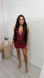 Cowl Neck Sequin Top and Skirt Set - BURGUNDY