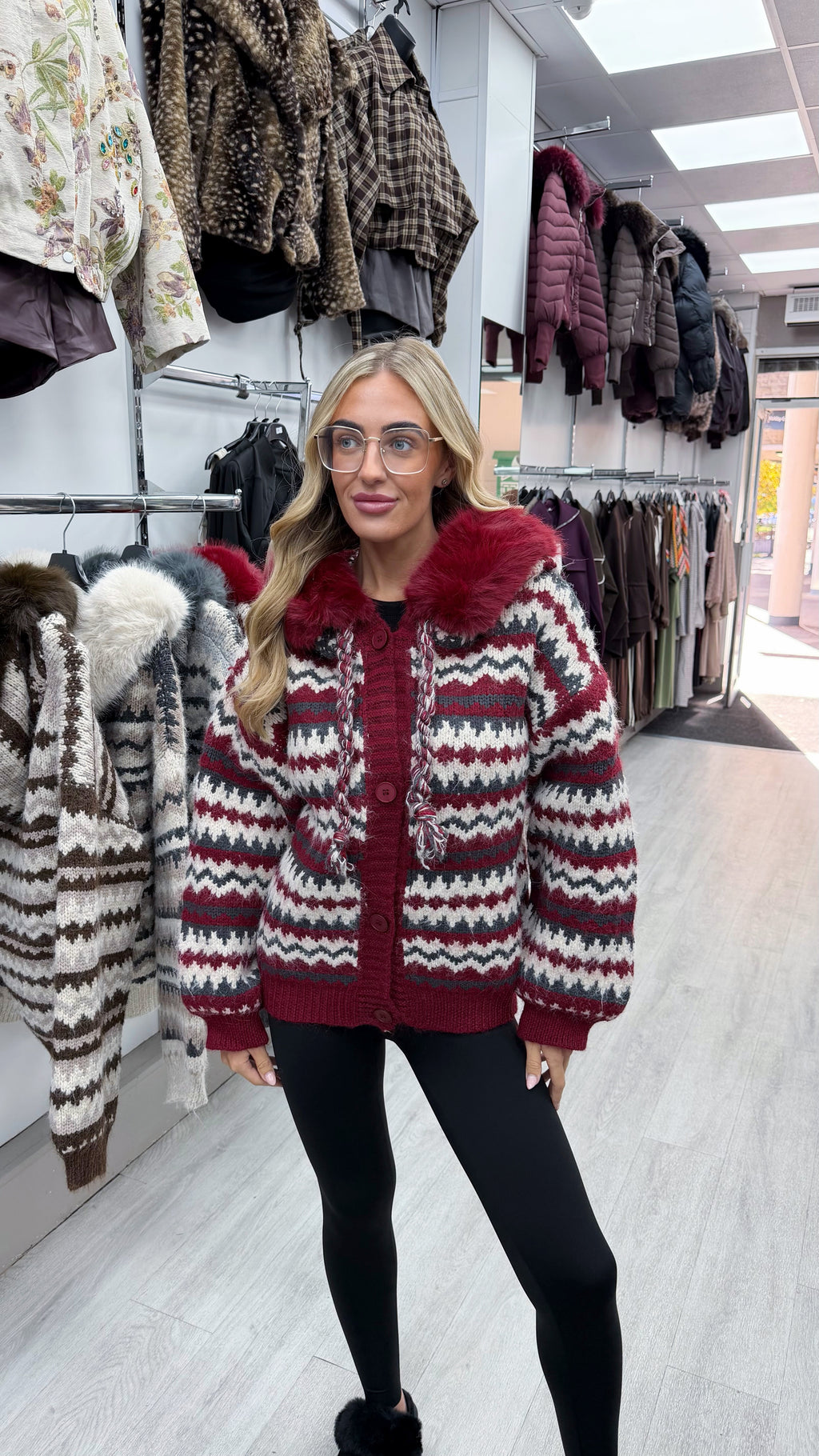 Faux Fur Collar Aztec Print Cardigan - RED