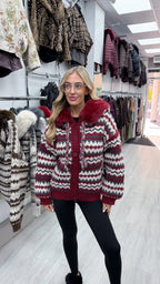 Faux Fur Collar Aztec Print Cardigan - RED