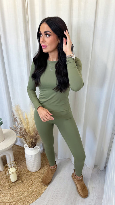 Long Sleeve Top and Leggings Activewear Set - KHAKI