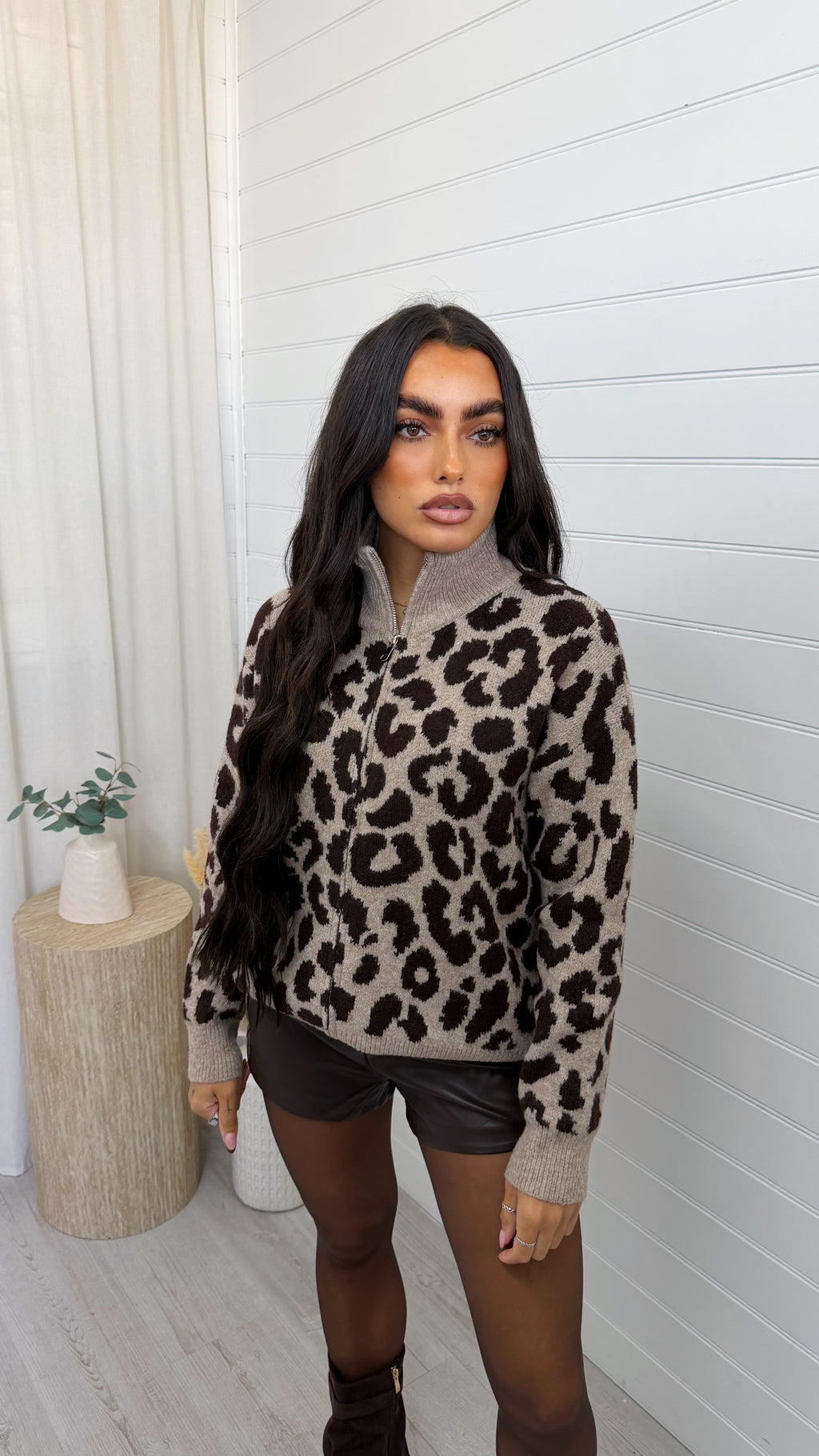 Leopard Print Knitted Jacket - MOCHA/BROWN