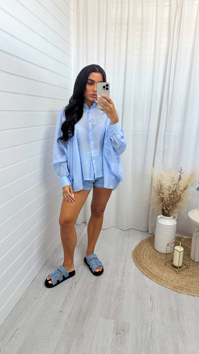 Balloon Sleeve Sheer Blouse - BLUE