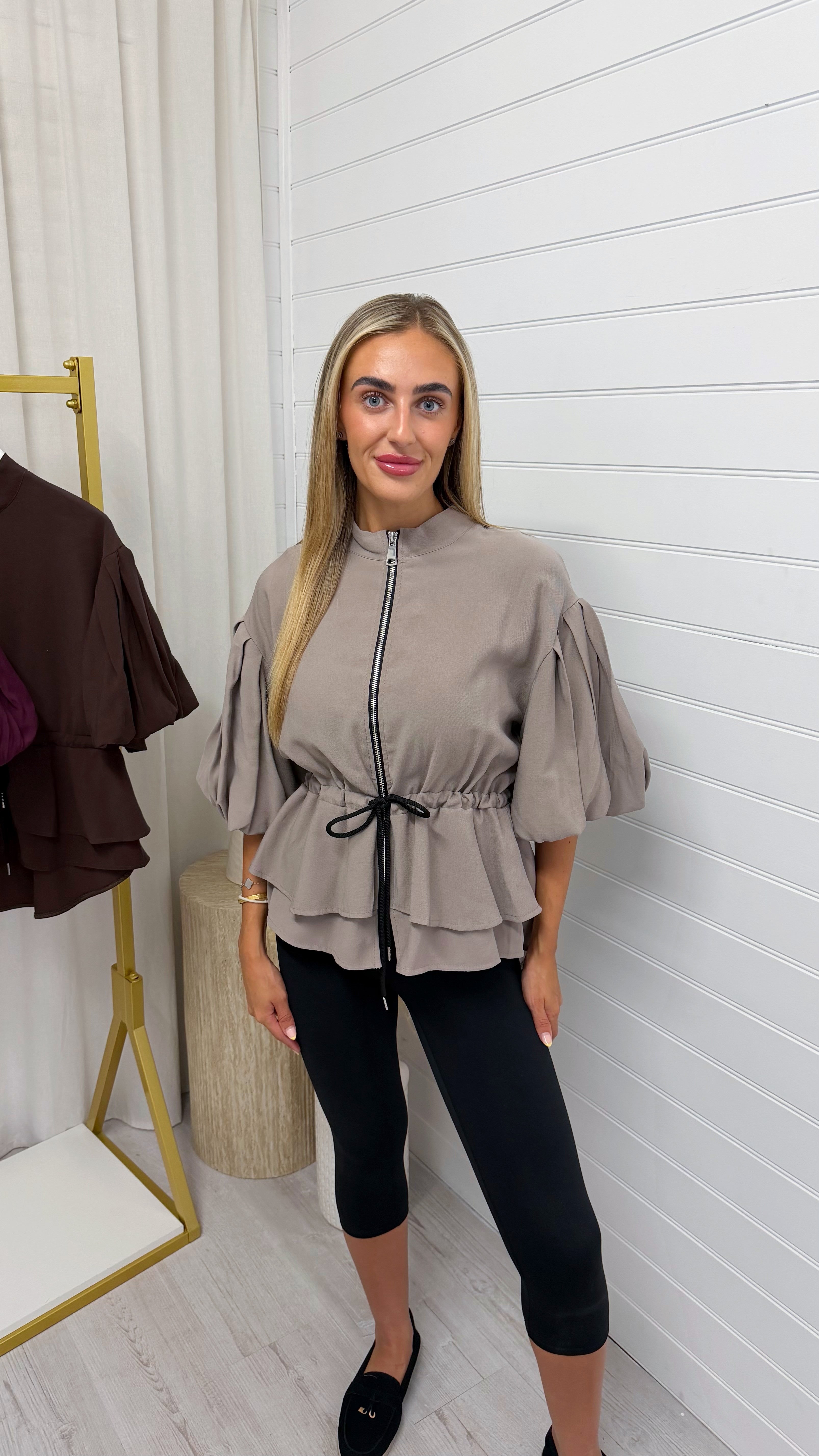 Balloon Sleeve Frill Shacket - MOCHA