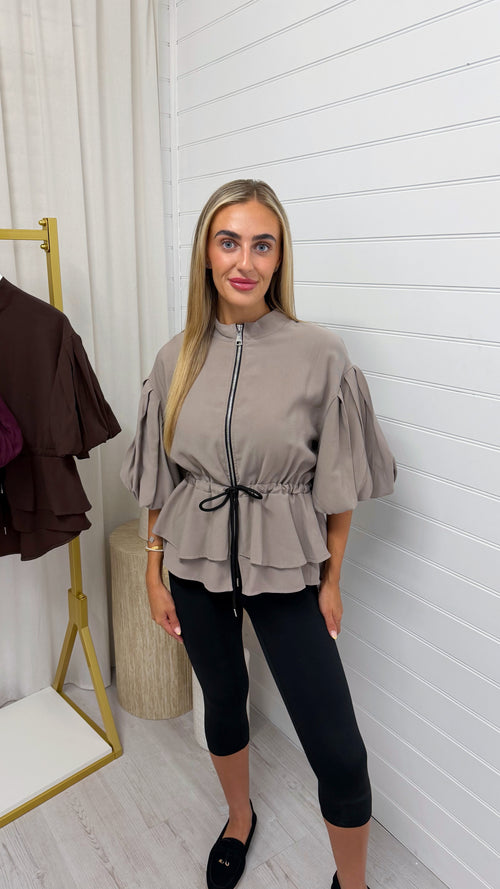 Balloon Sleeve Frill Shacket - MOCHA
