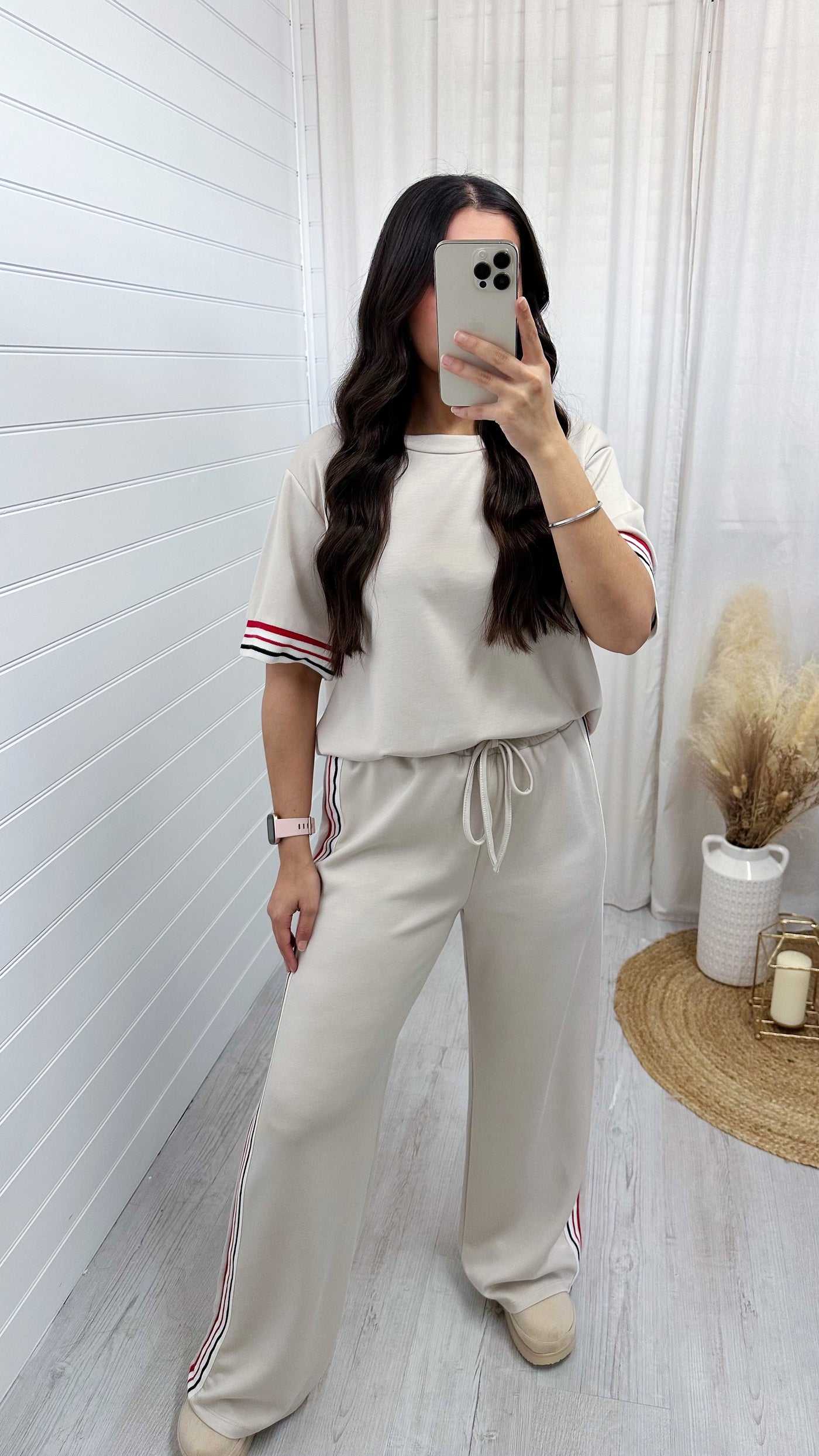 Side Stripe Plain T-Shirt and Joggers Co-Ord - BEIGE