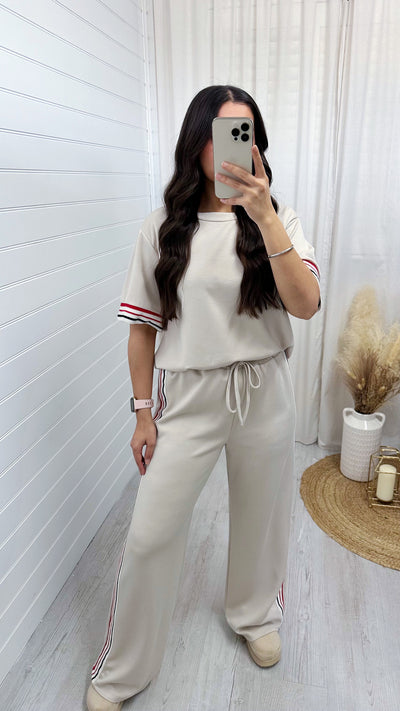 Side Stripe Plain T-Shirt and Joggers Co-Ord - BEIGE