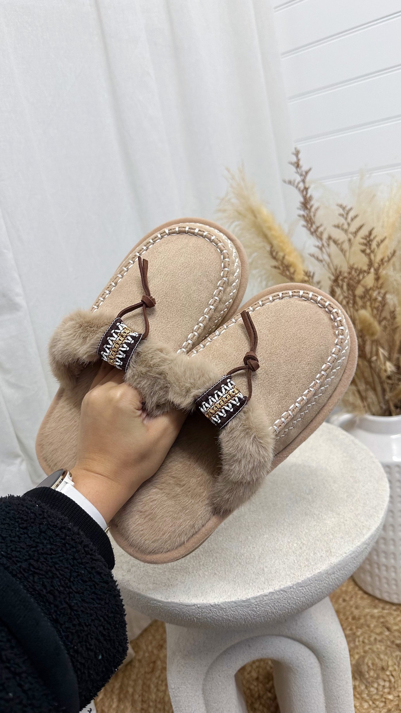Embroidered Trim Faux Fur Slippers - BEIGE