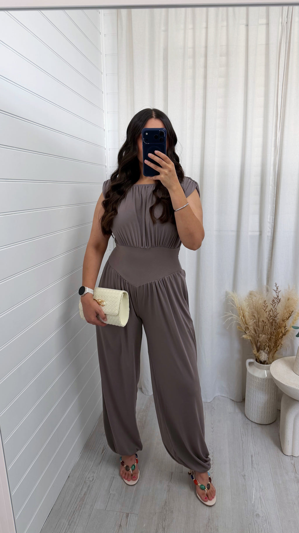 Cinch Waist Ruched Jumpsuit - MOCHA