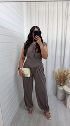 Cinch Waist Ruched Jumpsuit - MOCHA