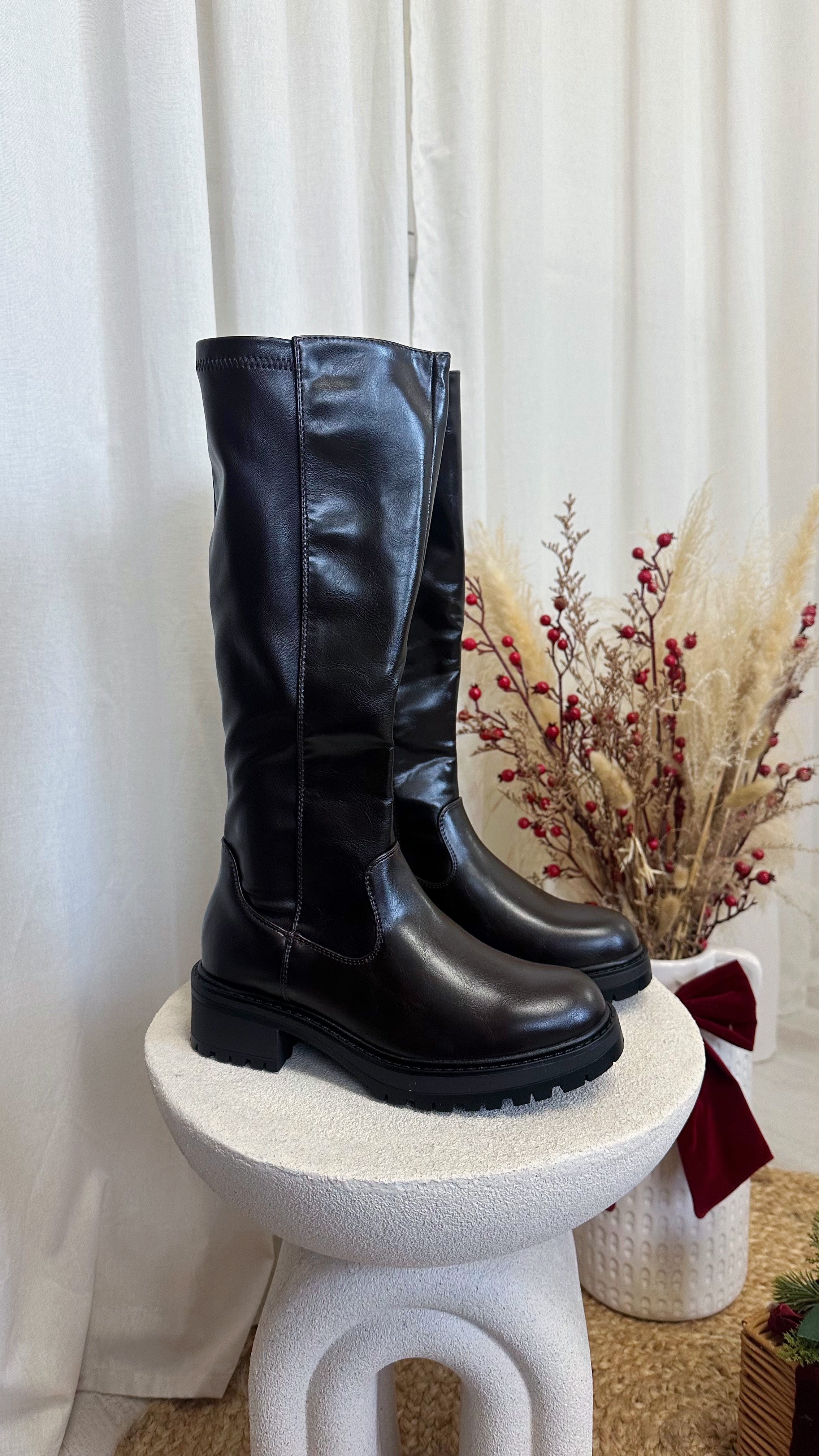 Knee High PU Chunky Boots - BROWN