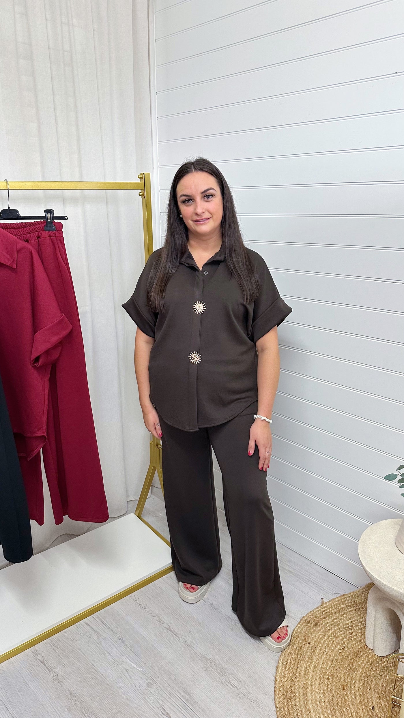 Celestial Gold Button Shirt and Straight Leg Trousers Co-Ord - BROWN