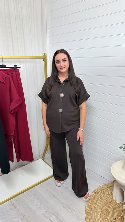 Celestial Gold Button Shirt and Straight Leg Trousers Co-Ord - BROWN