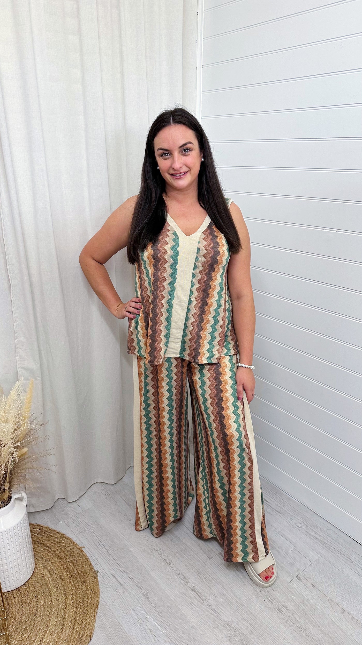 A-Line Zig Zag Vest Top and Slit Wide Leg Trousers Co-Ord - KHAKI/BEIGE