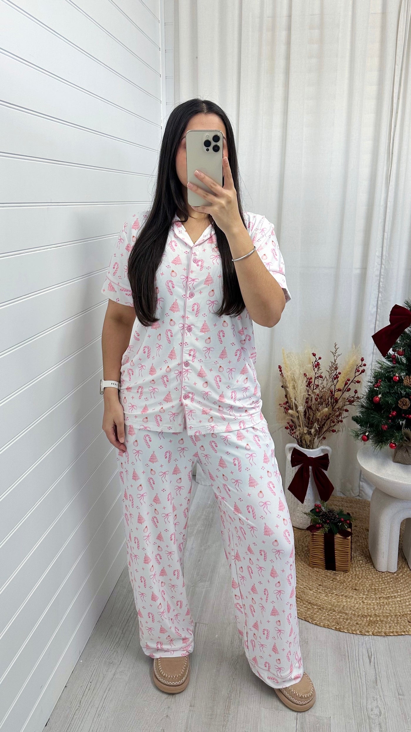 Christmas Pattern Pyjama Set - WHITE/PINK
