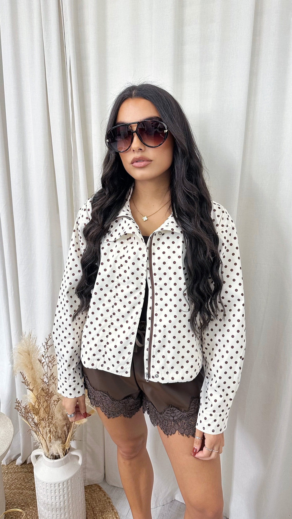 High Neck Polka Dot Jacket - CREAM/BROWN