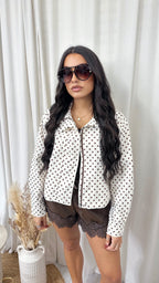 High Neck Polka Dot Jacket - CREAM/BROWN