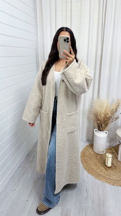 Oversized Long Line Wool Over Coat - BEIGE