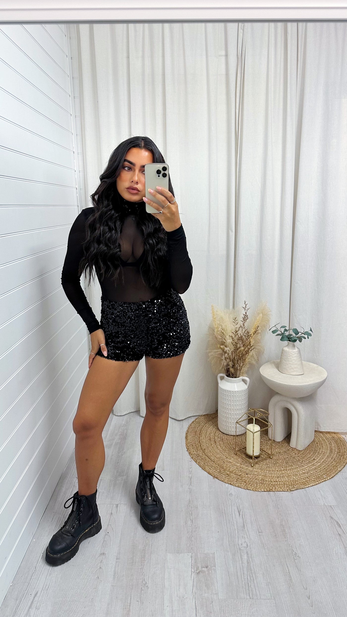 3 Piece Sequin Mesh Bodysuit, Bralette and Shorts Co-Ord - BLACK