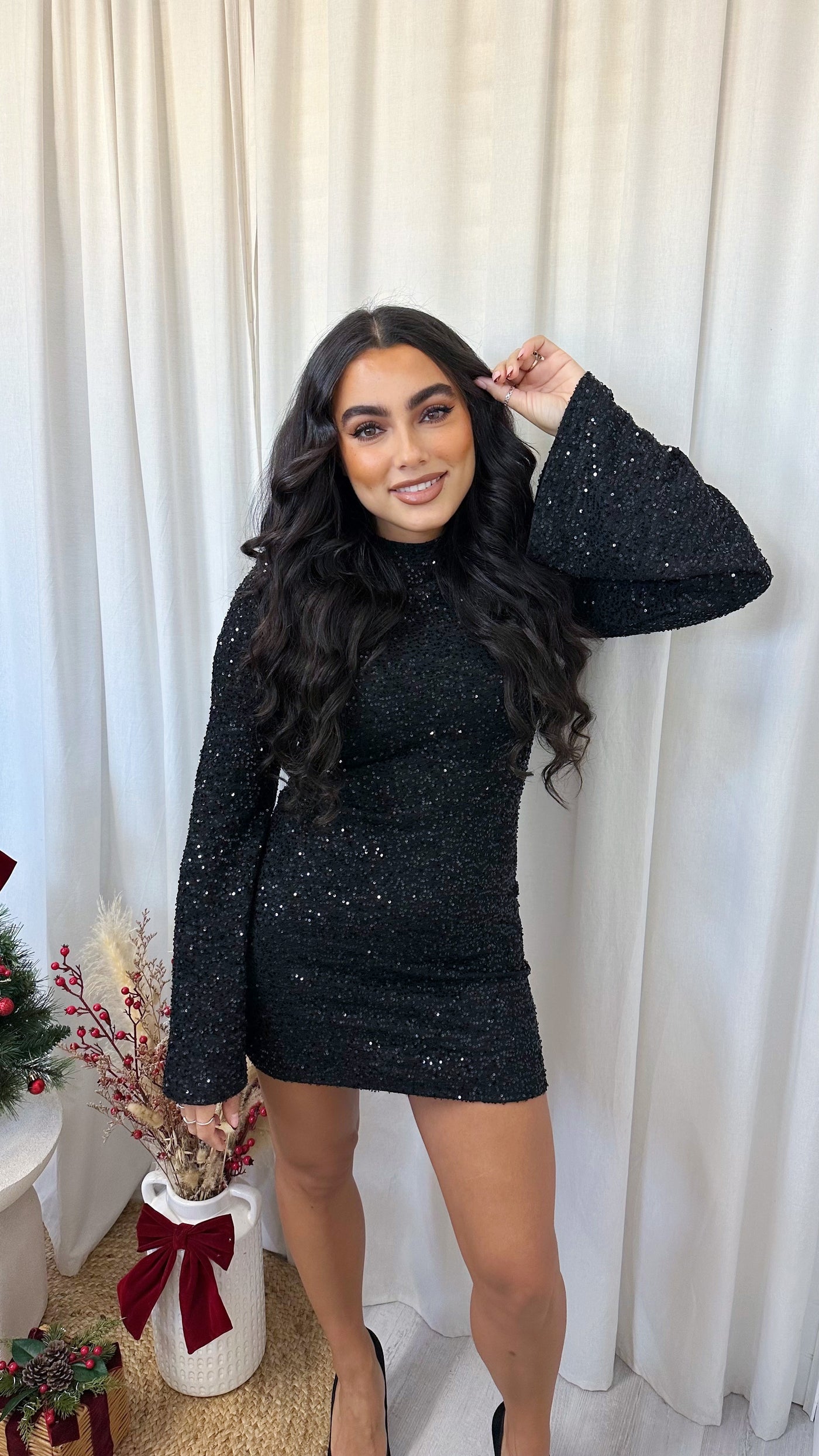 Bell Sleeve Sequin Dress - BLACK