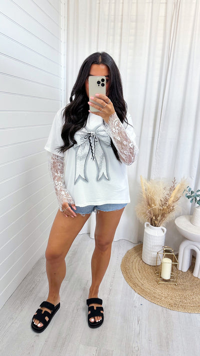Lace Sleeve Rhinestone Bow T-Shirt - WHITE