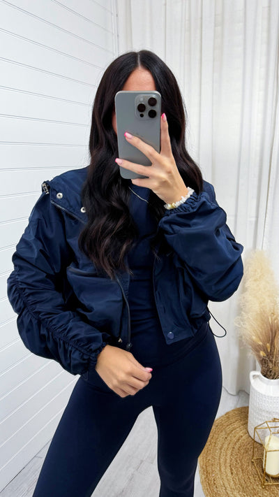 Ruched Sleeve Windbreaker Jacket - NAVY