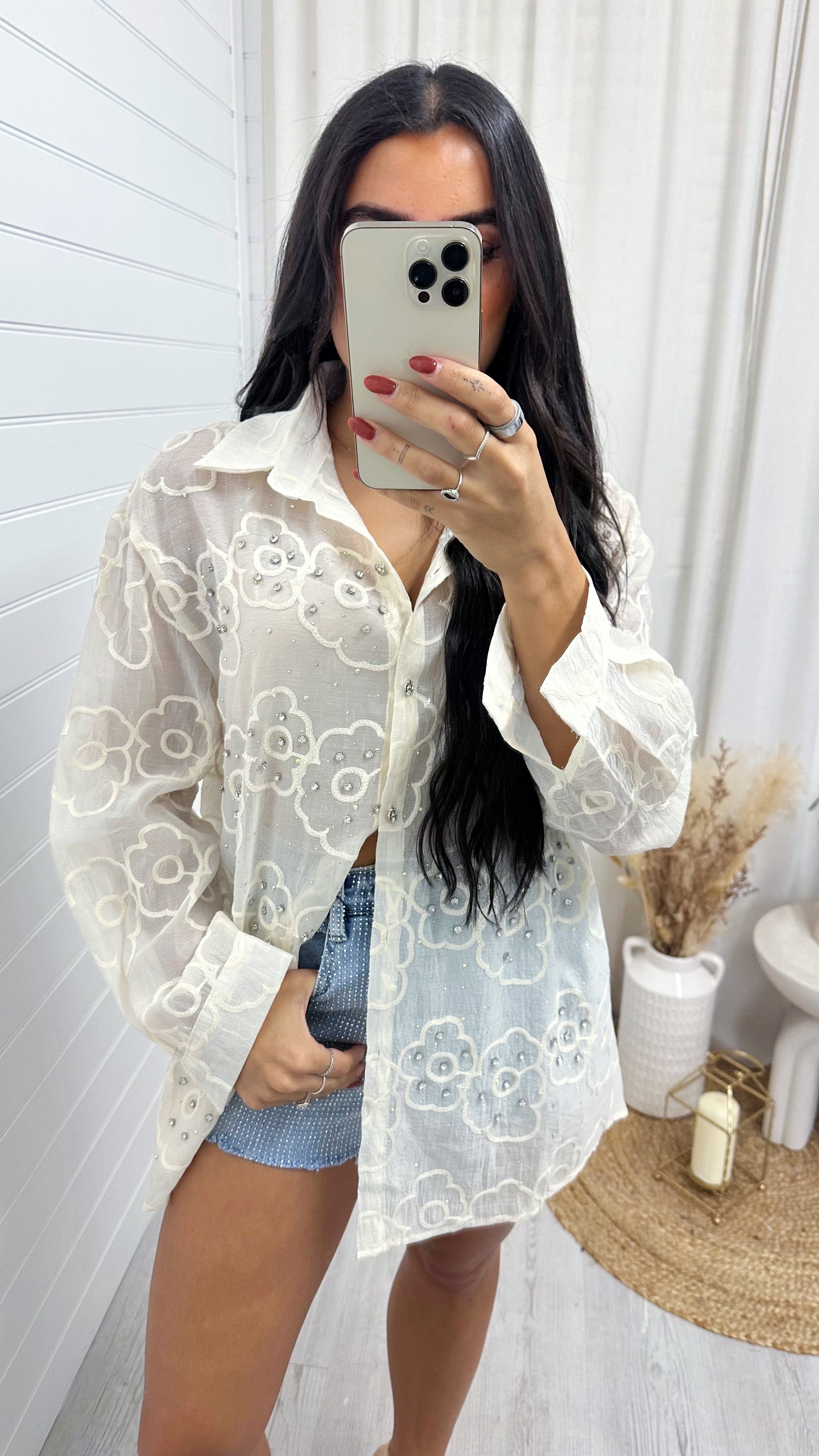 Embroidered Diamante Embellished Sheer Shirt - CREAM