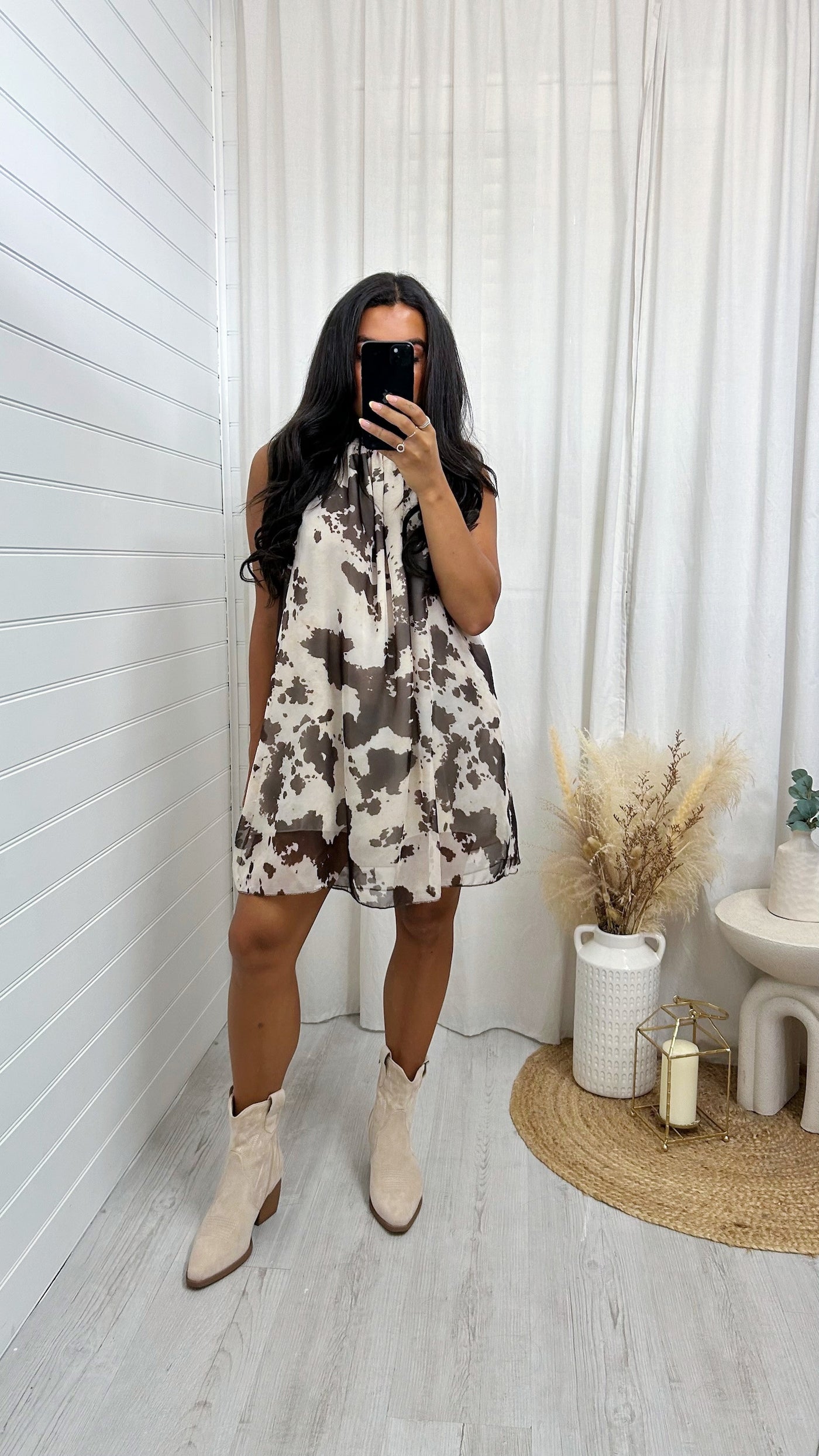 Cow Print Halter Neck Dress - BEIGE/BROWN