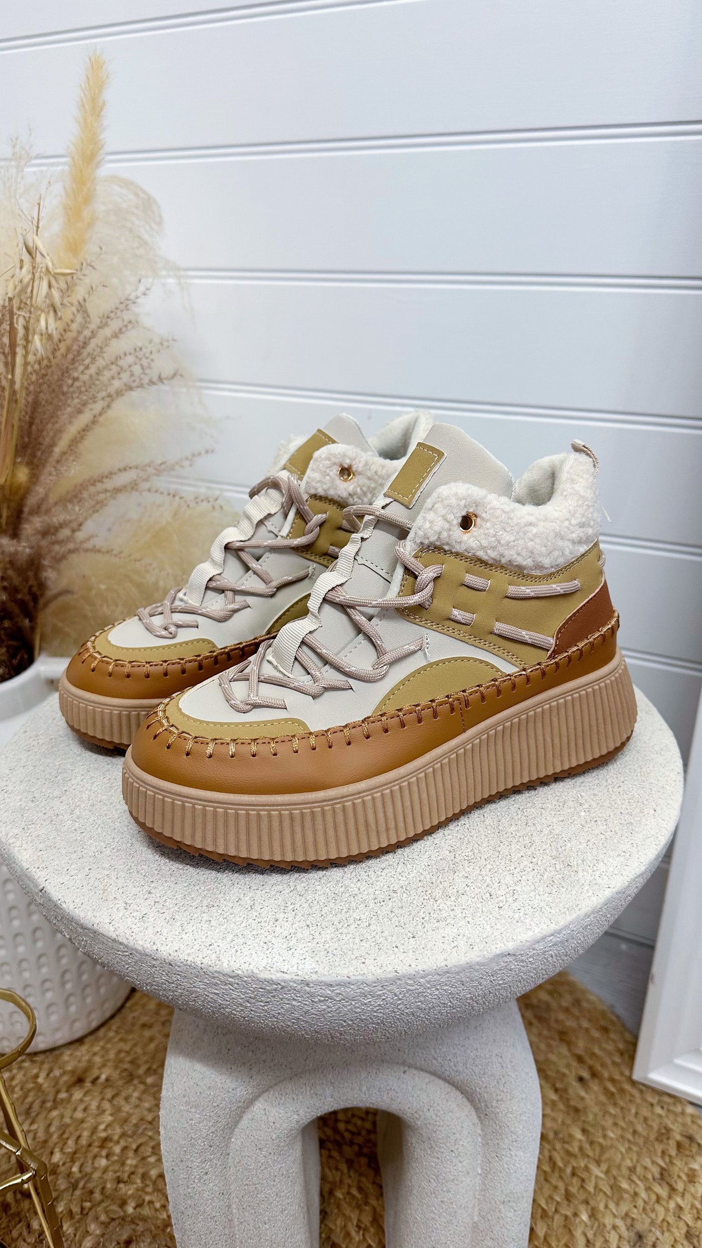 Embroidered High Top Platform Trainers - TAN