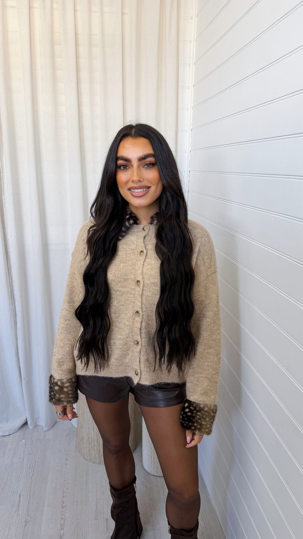 Deer Faux Fur Trim Cardigan - BEIGE