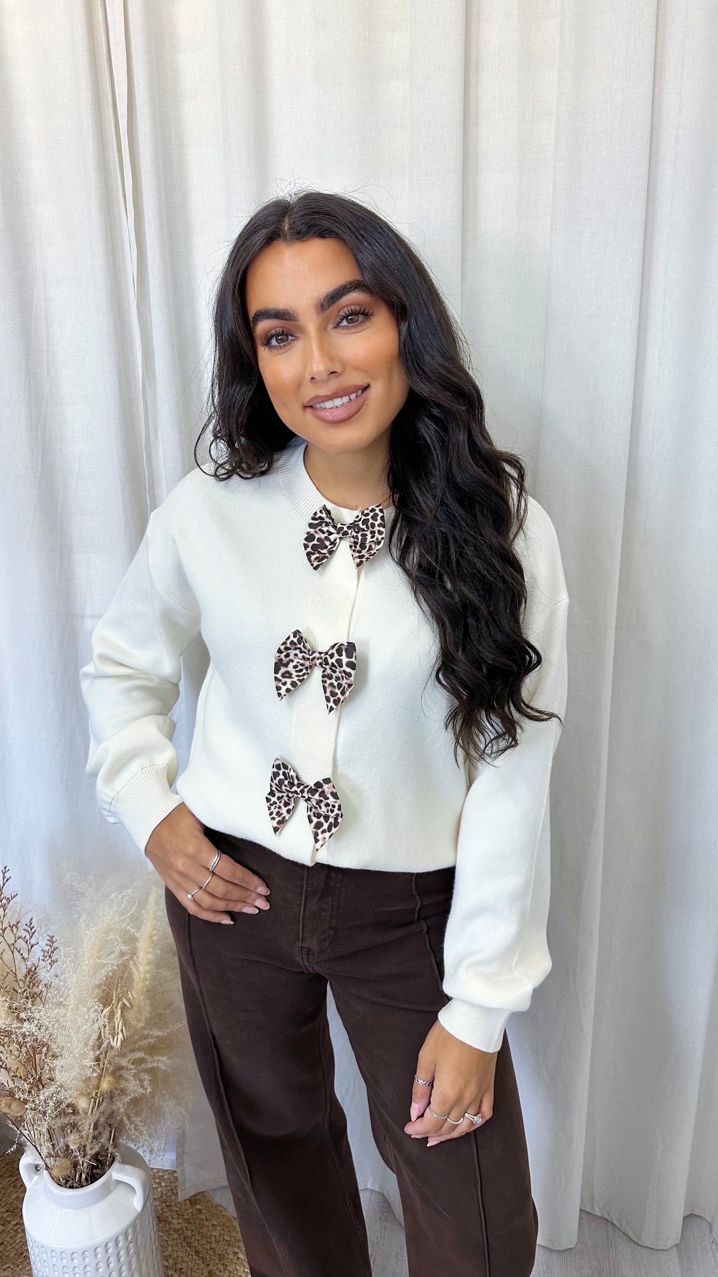 Woollen Mini Leopard Print Bow Cardigan - CREAM