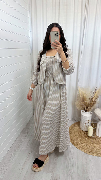 Pinstripe Linen Jacket and Dress Set - BEIGE
