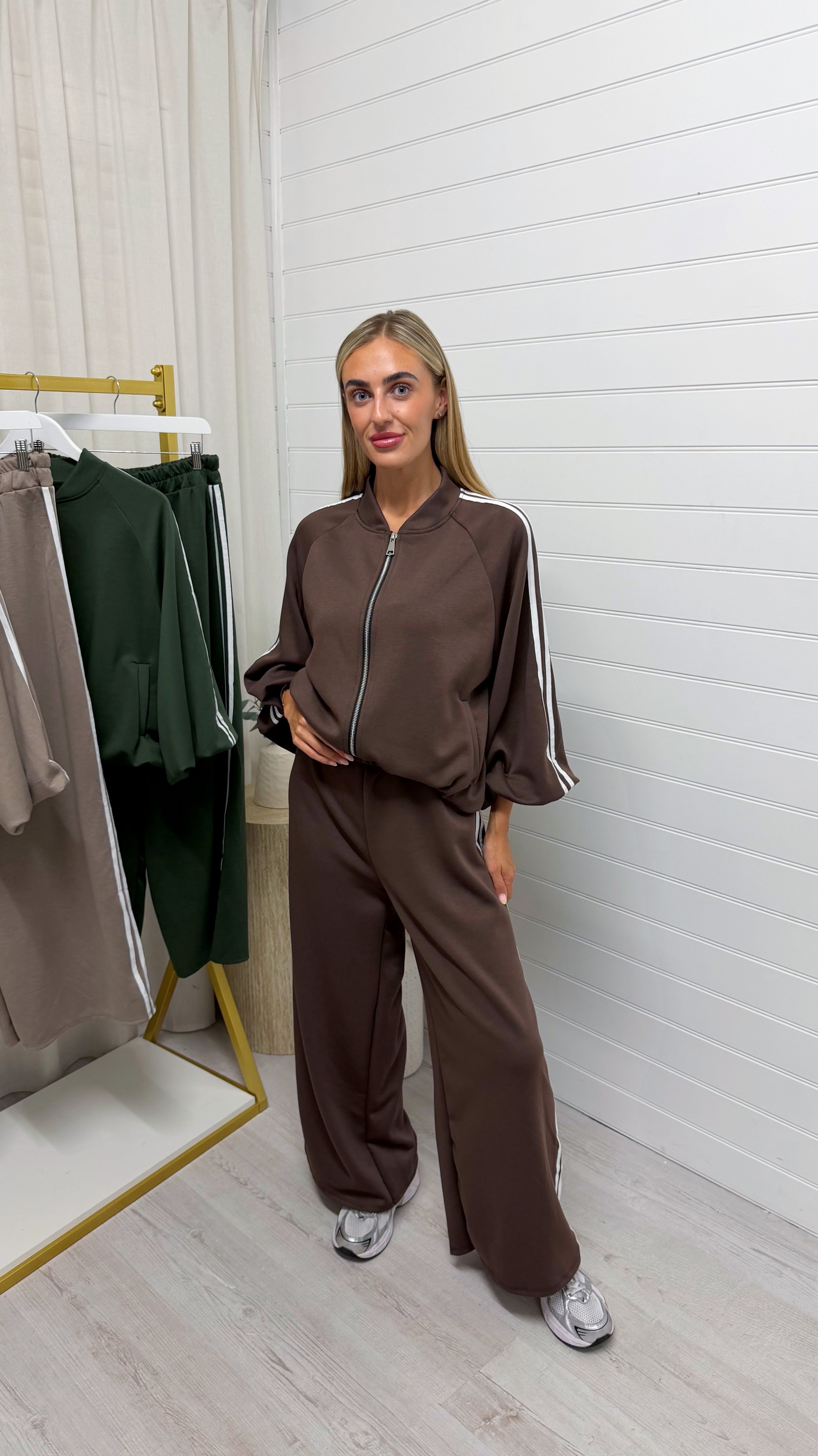 Classic Stripe Jacket and Wide Leg Joggers Tracksuit - BROWN